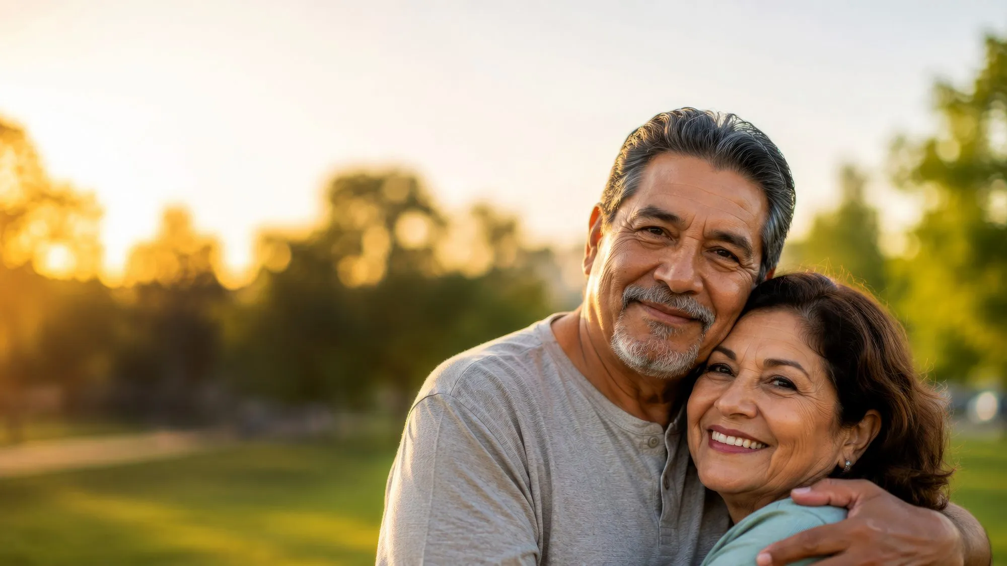 An elderly couple embracing outdoors